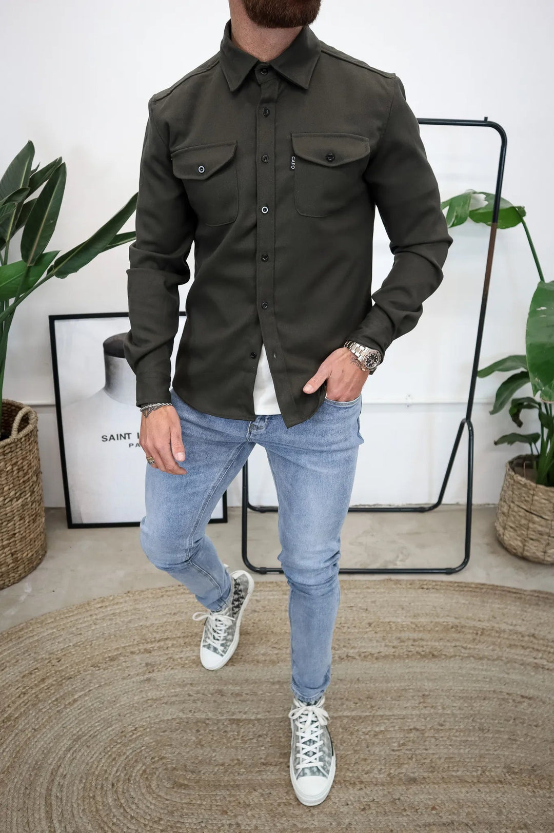 Men's Button-Down Shirt Jacket - Modern Tailored Style - Green