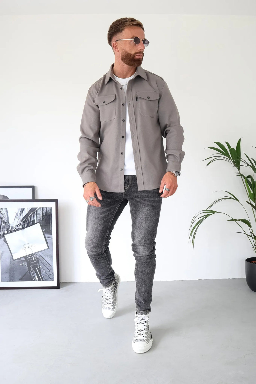 Men's Button-Down Shirt Jacket - Modern Tailored Style - Grey