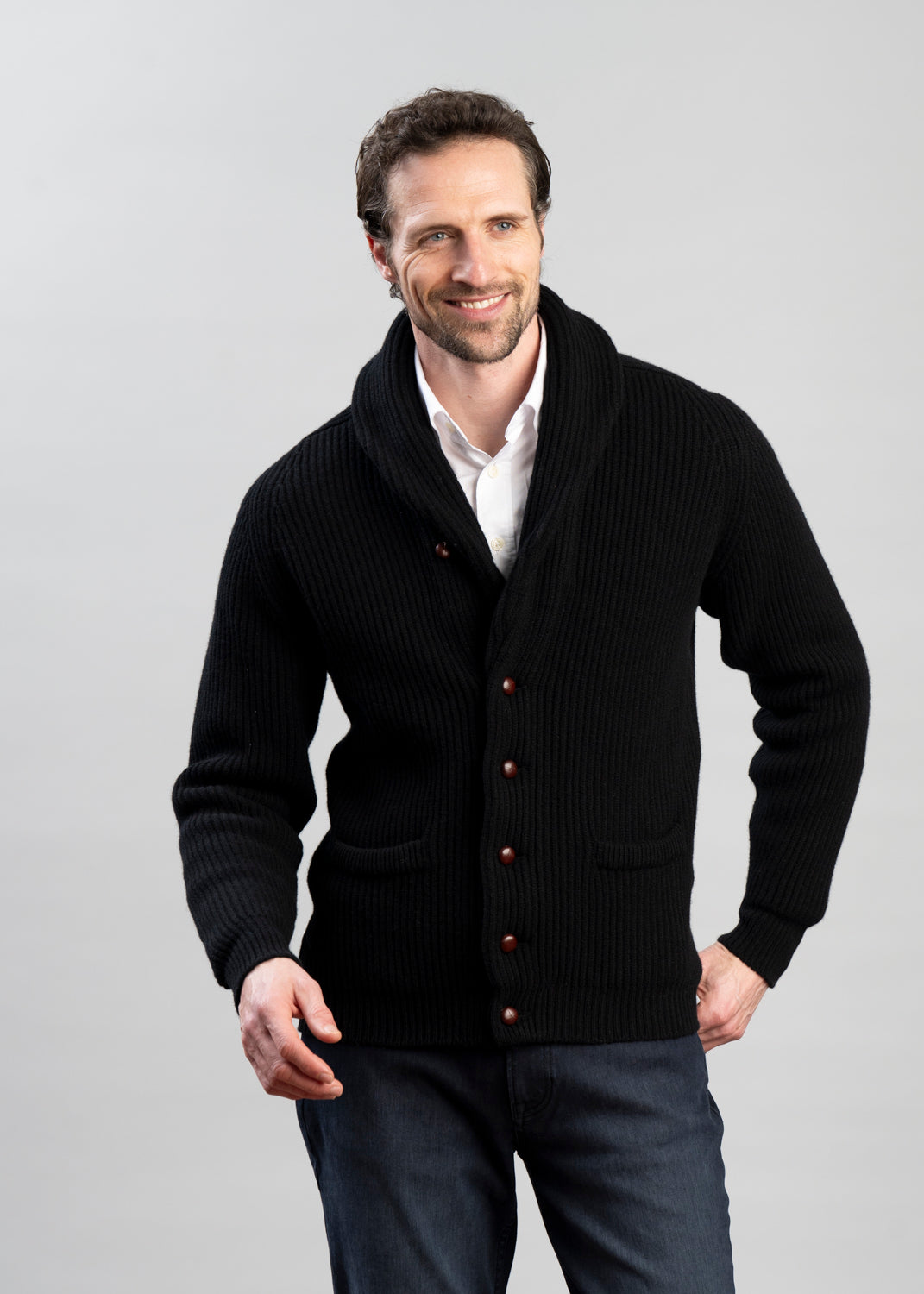 Men's Button-Front Cardigan - Classic Ribbed Knit - Black