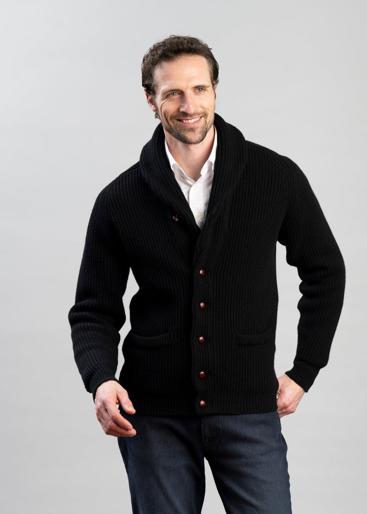 Men's Button-Front Cardigan - Classic Ribbed Knit - Black