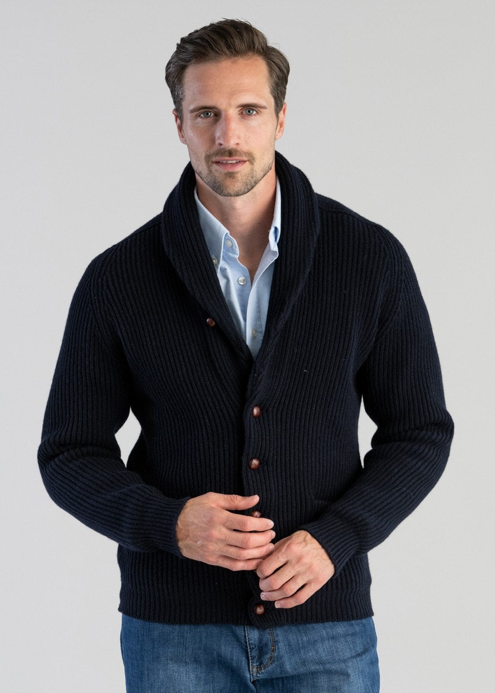 Men's Button-Front Cardigan - Classic Ribbed Knit - Blue