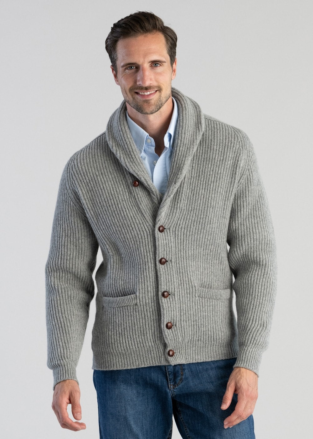 Men's Button-Front Cardigan - Classic Ribbed Knit - Grey