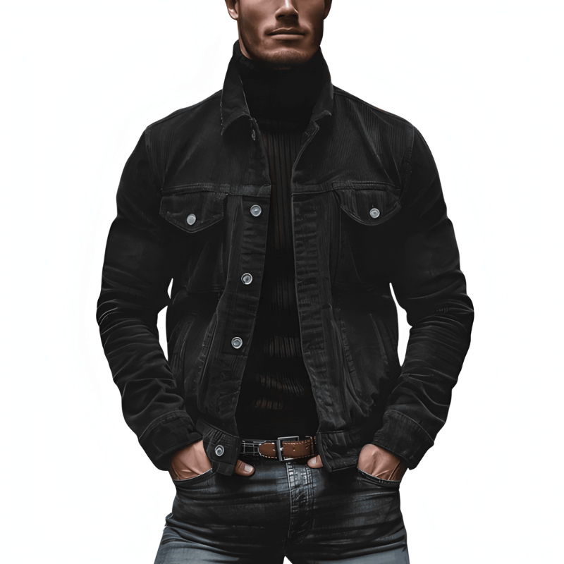 Men's Button-Front Jacket with Chest Pockets - Slim Fit - Black