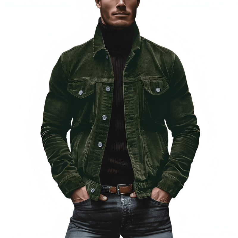 Men's Button-Front Jacket with Chest Pockets - Slim Fit - Green