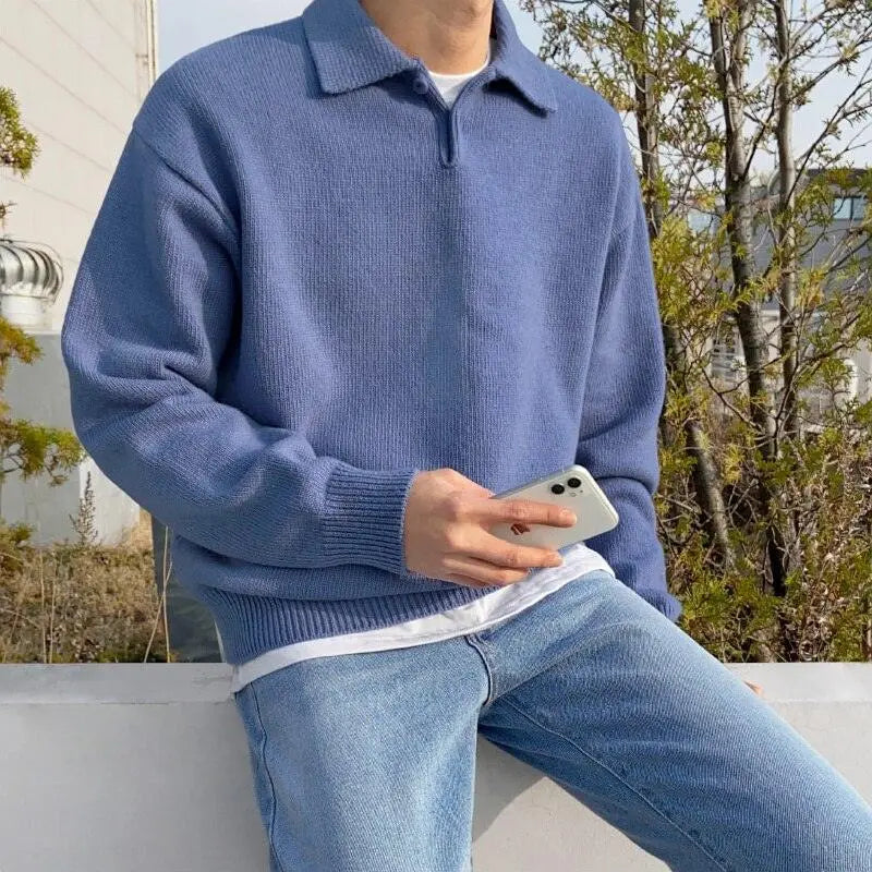 Men's Button-Front Wool Polo Sweater - Classic Knit - Navy