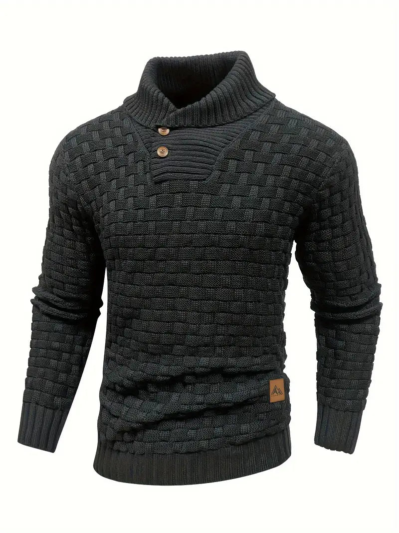 Men's Button Neck Sweater with Knit Pattern - Black