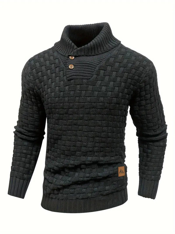 Men's Button Neck Sweater with Knit Pattern - Black