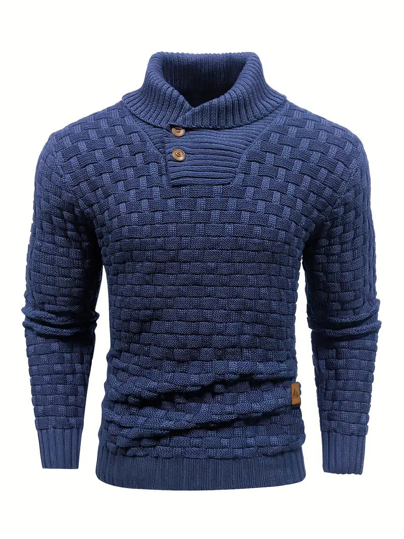 Men's Button Neck Sweater with Knit Pattern - Blue