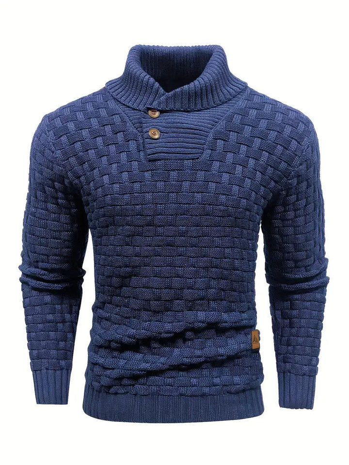 Men's Button Neck Sweater with Knit Pattern - Blue