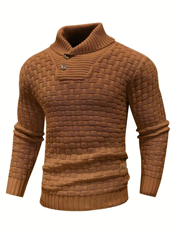 Men's Button Neck Sweater with Knit Pattern - Brown