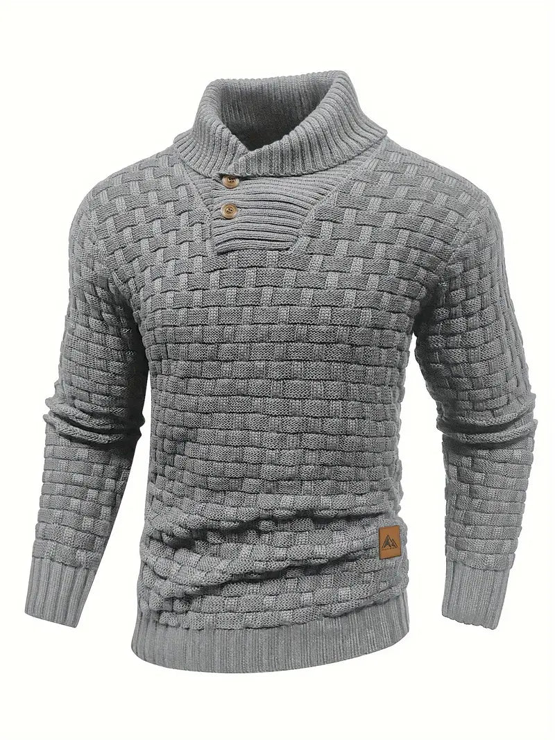 Men's Button Neck Sweater with Knit Pattern - Grey