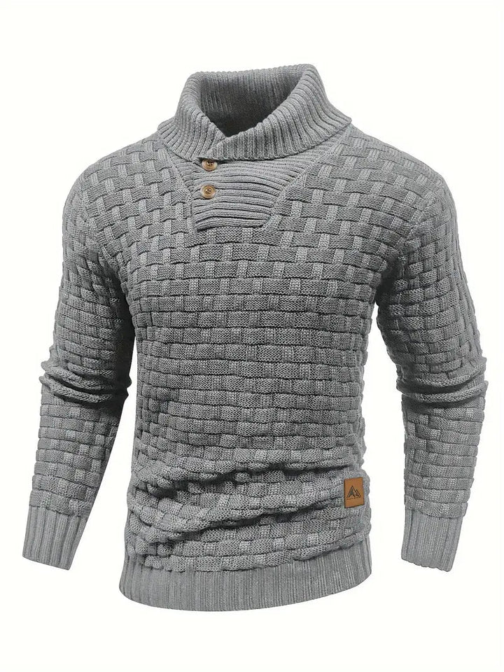 Men's Button Neck Sweater with Knit Pattern - Grey