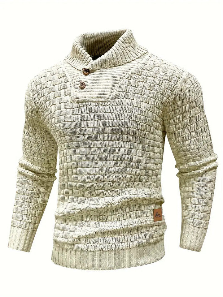Men's Button Neck Sweater with Knit Pattern - Khaki