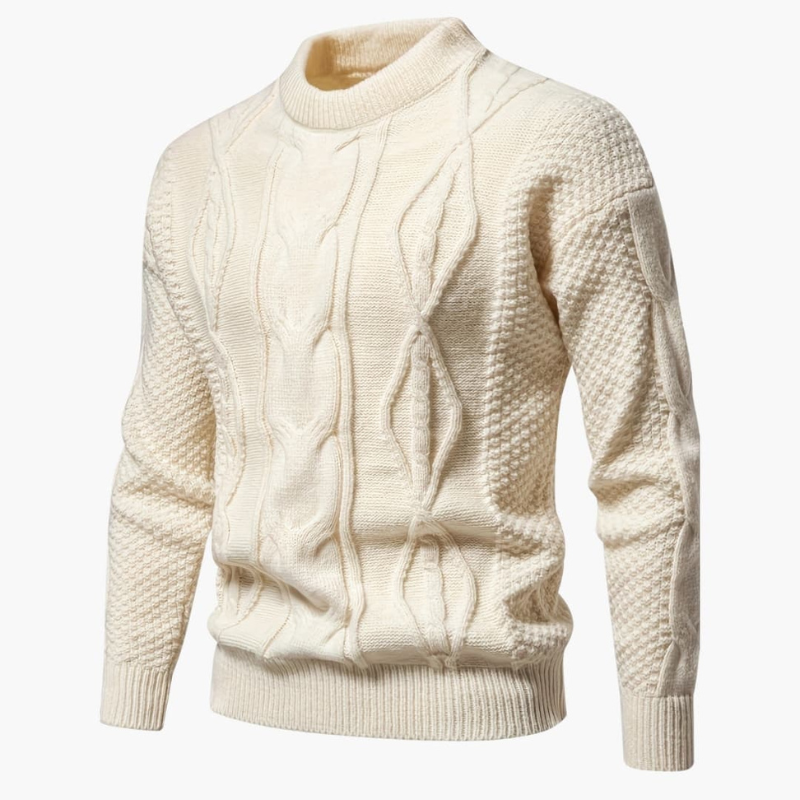 Men's Cable Knit Crew Neck Sweater - Classic Style - Beige