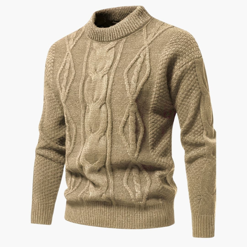 Men's Cable Knit Crew Neck Sweater - Classic Style - Khaki