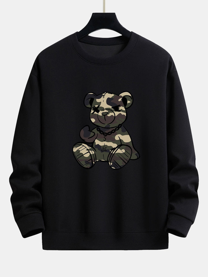 Men's Camouflage Teddy Bear Graphic Sweatshirt in black, Relaxed Fit Crew Neck
