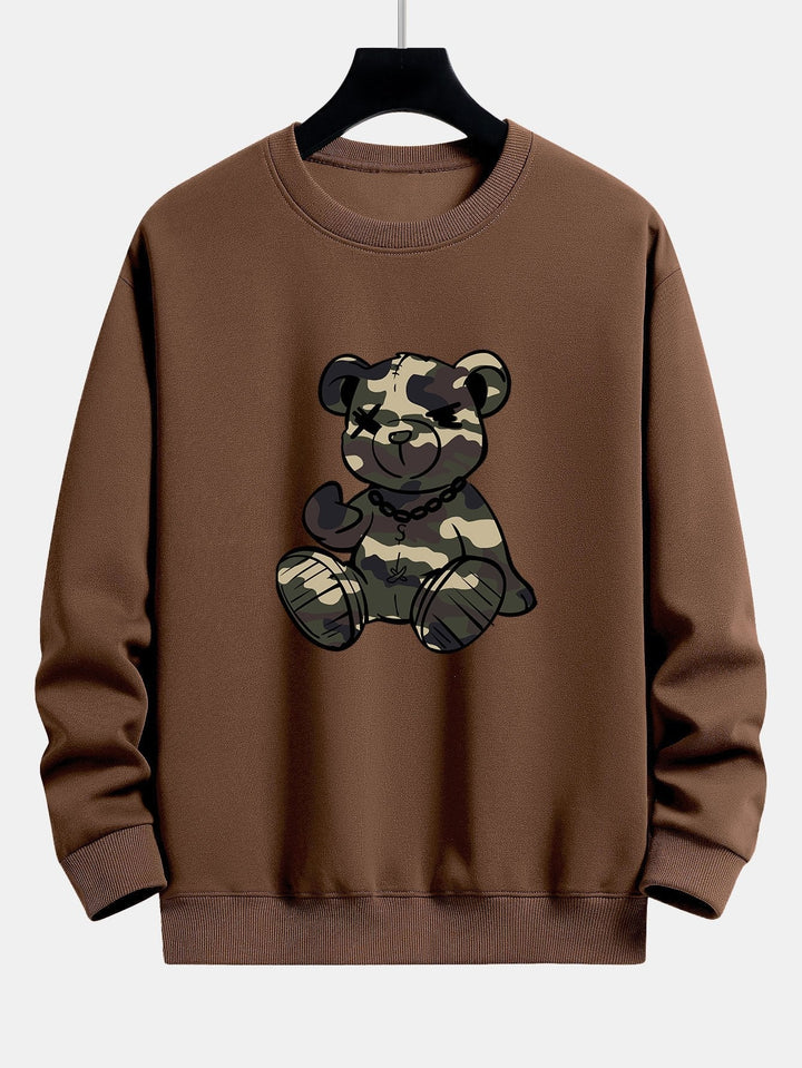Men's Camouflage Teddy Bear Graphic Sweatshirt in brown, Relaxed Fit Crew Neck