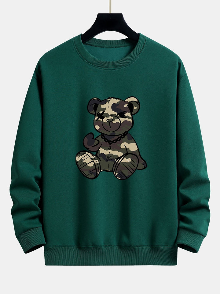 Men's Camouflage Teddy Bear Graphic Sweatshirt in dark green, Relaxed Fit Crew Neck