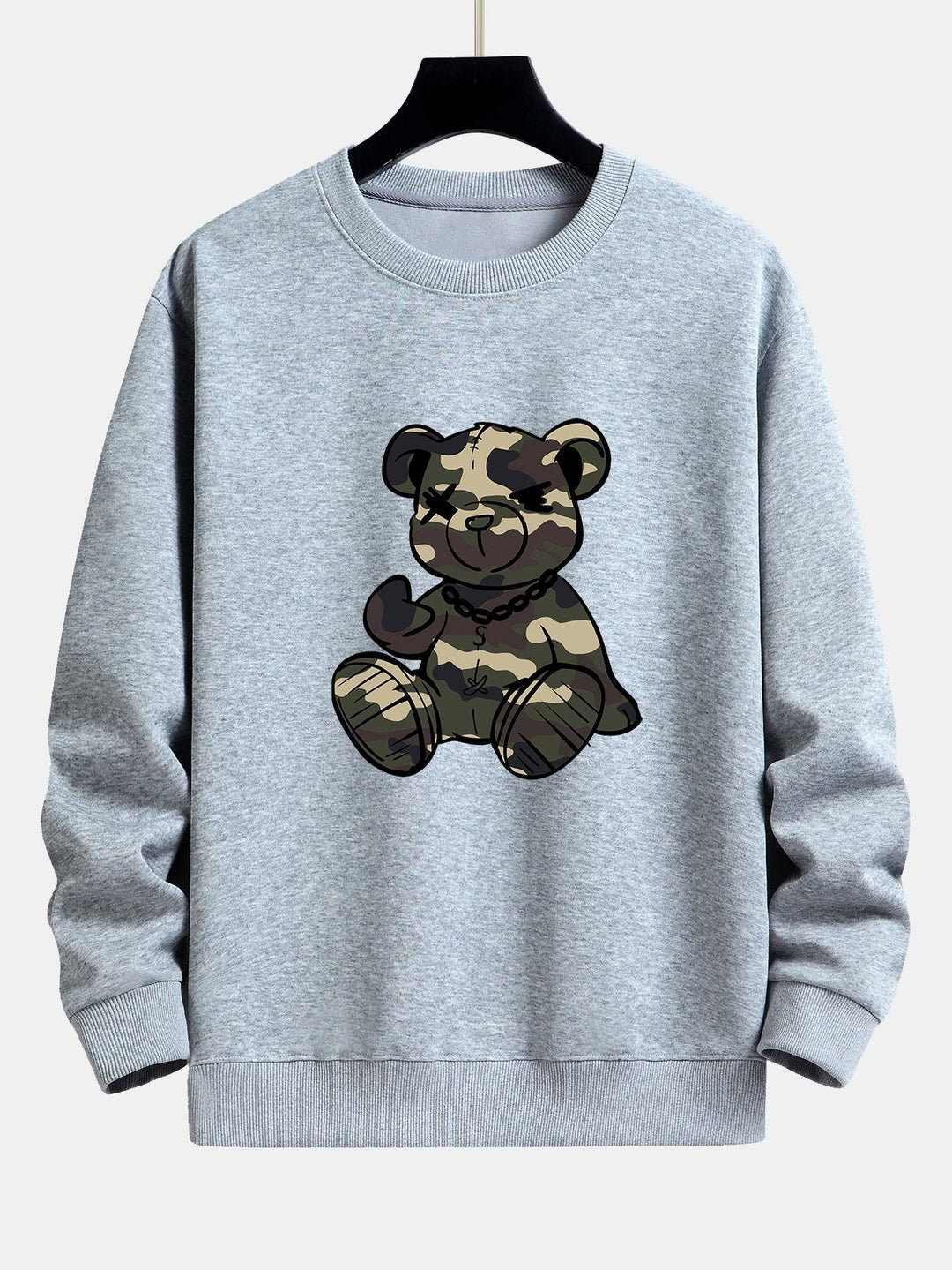 Men's Camouflage Teddy Bear Graphic Sweatshirt in grey, Relaxed Fit Crew Neck