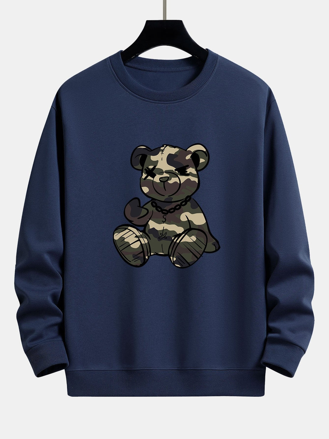 Men's Camouflage Teddy Bear Graphic Sweatshirt in navy, Relaxed Fit Crew Neck