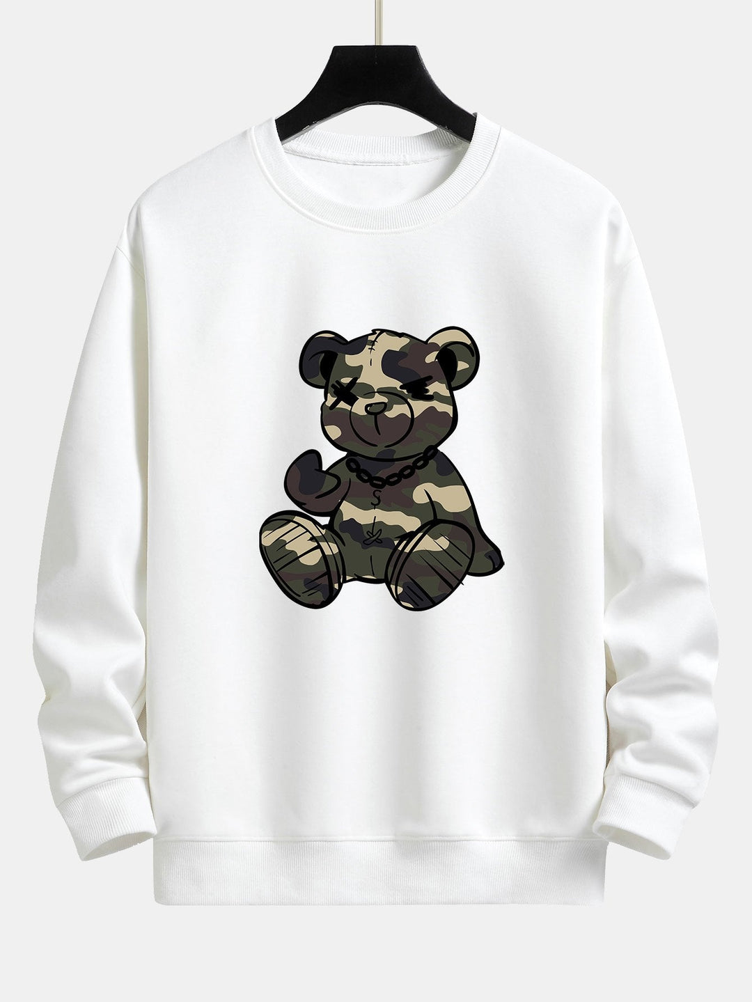 Men's Camouflage Teddy Bear Graphic Sweatshirt in white, Relaxed Fit Crew Neck