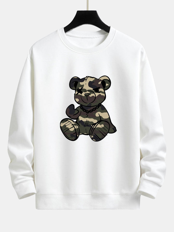 Men's Camouflage Teddy Bear Graphic Sweatshirt in white, Relaxed Fit Crew Neck