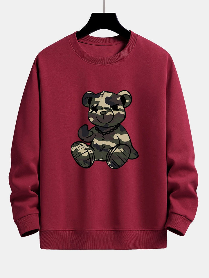 Men's Camouflage Teddy Bear Graphic Sweatshirt in wine red, Relaxed Fit Crew Neck