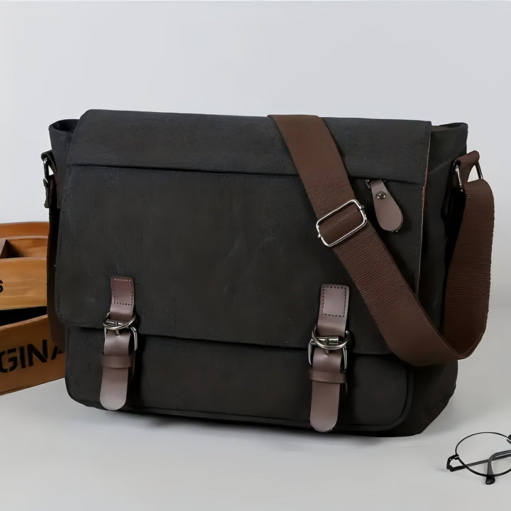 Men's Canvas Shoulder Bag - Durable Commuter Crossbody with Multiple P - Black