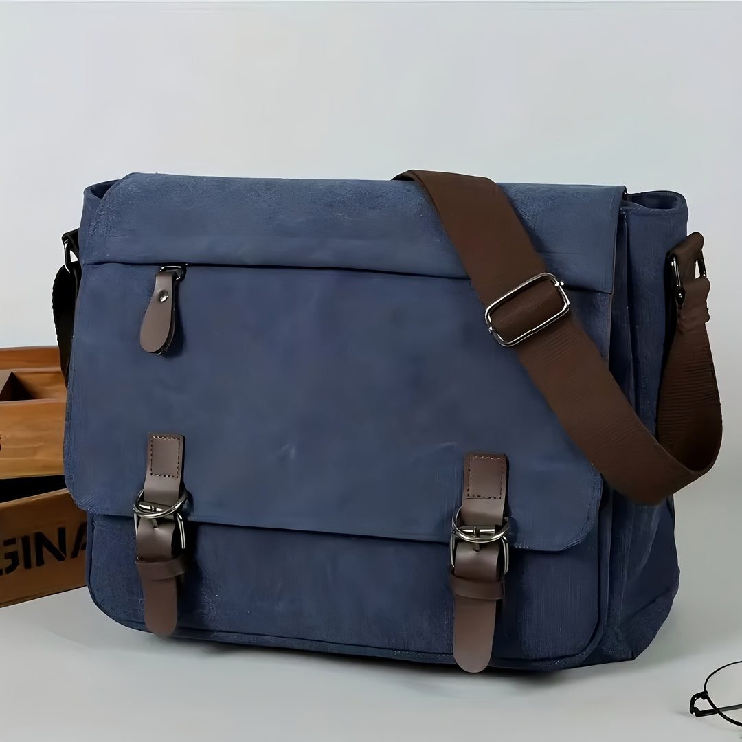Men's Canvas Shoulder Bag - Durable Commuter Crossbody with Multiple P - Blue
