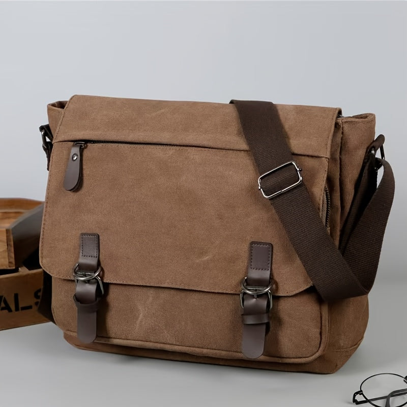 Men's Canvas Shoulder Bag - Durable Commuter Crossbody with Multiple P - Brown