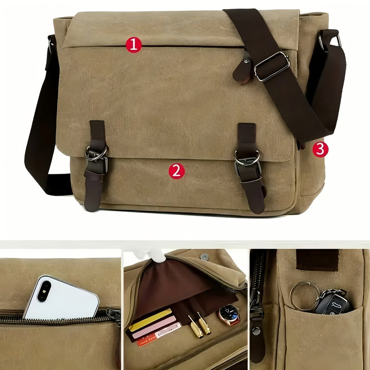 Men's Canvas Shoulder Bag - Durable Commuter Crossbody with Multiple P