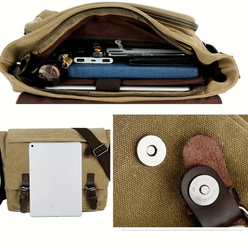 Men's Canvas Shoulder Bag - Durable Commuter Crossbody with Multiple P