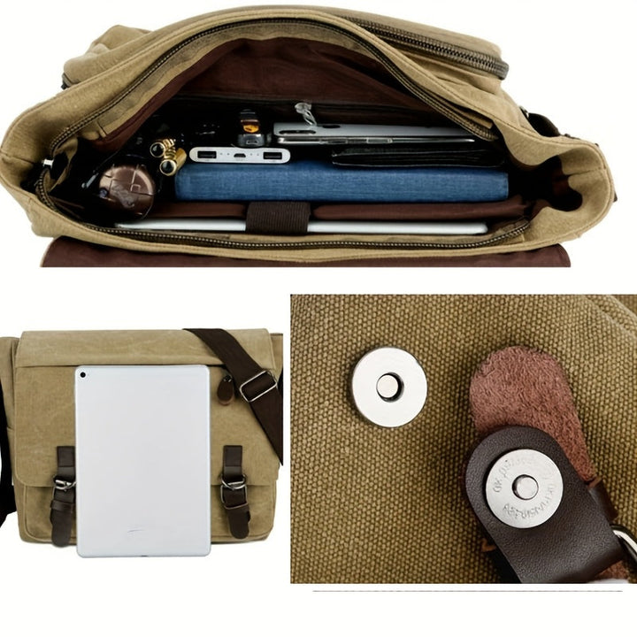 Men's Canvas Shoulder Bag - Durable Commuter Crossbody with Multiple P