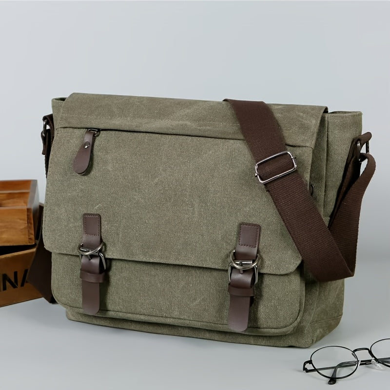Men's Canvas Shoulder Bag - Durable Commuter Crossbody with Multiple P - Green