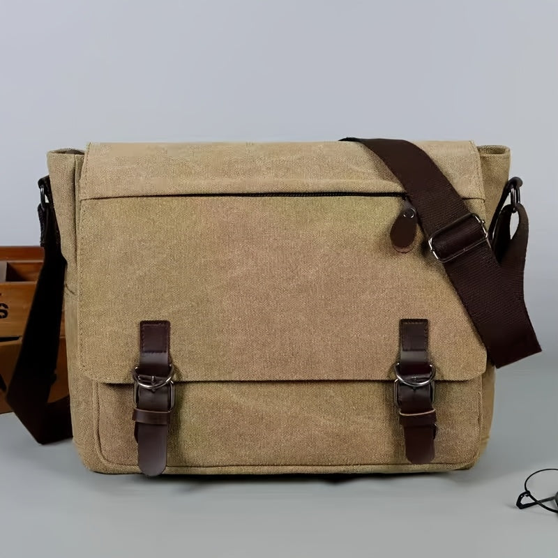 Men's Canvas Shoulder Bag - Durable Commuter Crossbody with Multiple P - Khaki
