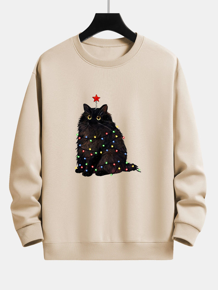 Men's Christmas Cat Sweatshirt – Relaxed Fit Festive Pullover - Beige