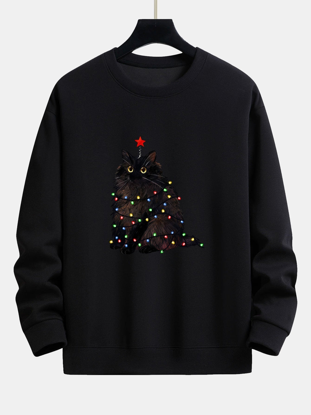 Men's Christmas Cat Sweatshirt – Relaxed Fit Festive Pullover - Black