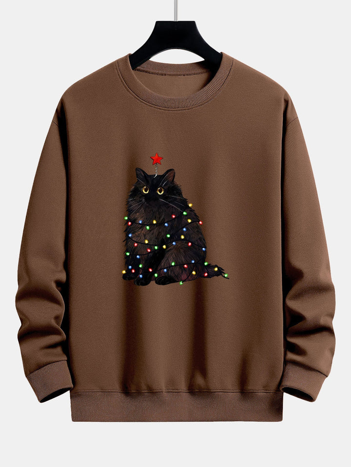 Men's Christmas Cat Sweatshirt – Relaxed Fit Festive Pullover - Brown