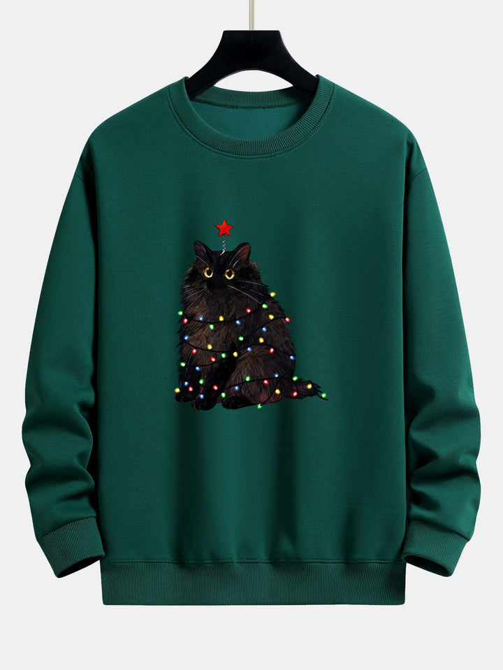 Men's Christmas Cat Sweatshirt – Relaxed Fit Festive Pullover - Dark Green