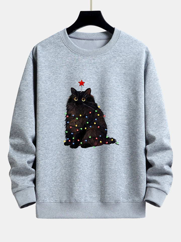 Men's Christmas Cat Sweatshirt – Relaxed Fit Festive Pullover - Grey