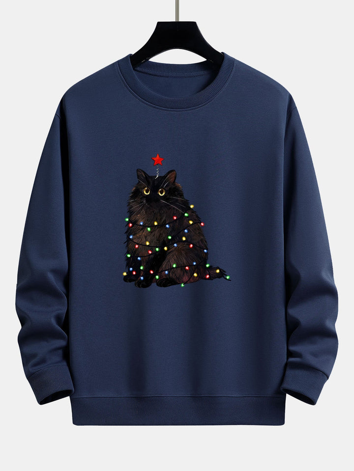 Men's Christmas Cat Sweatshirt – Relaxed Fit Festive Pullover - Navy