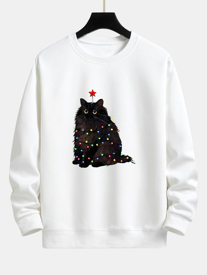 Men's Christmas Cat Sweatshirt – Relaxed Fit Festive Pullover - White