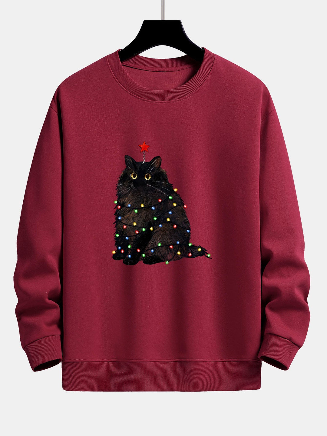 Men's Christmas Cat Sweatshirt – Relaxed Fit Festive Pullover - Wine Red
