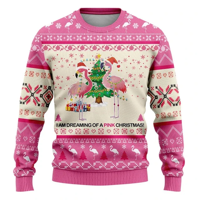 Men's Christmas Sweater with Reindeer and Festive Lights Design - Pink
