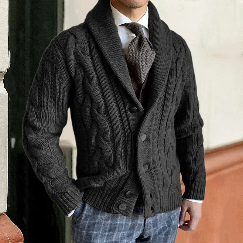 Men's Chunky Knit Cardigan Vest - Cable Knit Shawl Collar - Black