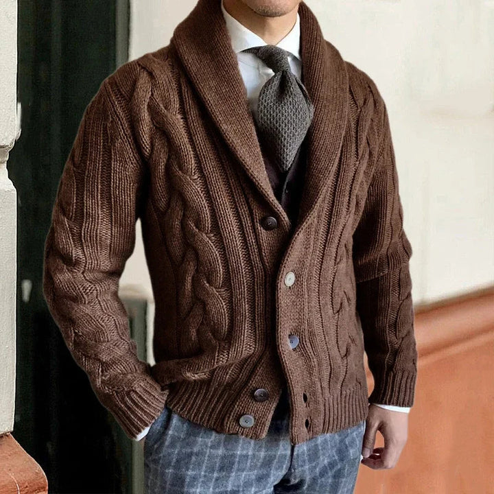 Men's Chunky Knit Cardigan Vest - Cable Knit Shawl Collar - Brown