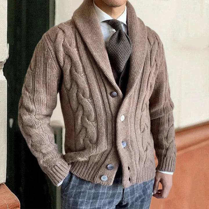 Men's Chunky Knit Cardigan Vest - Cable Knit Shawl Collar - Khaki