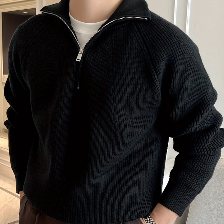Men's Chunky Knit Half-Zip Sweater - Classic Design - Black