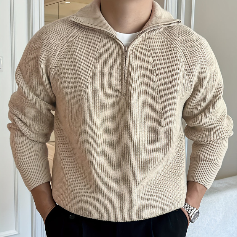 Men's Chunky Knit Half-Zip Sweater - Classic Design - Khaki