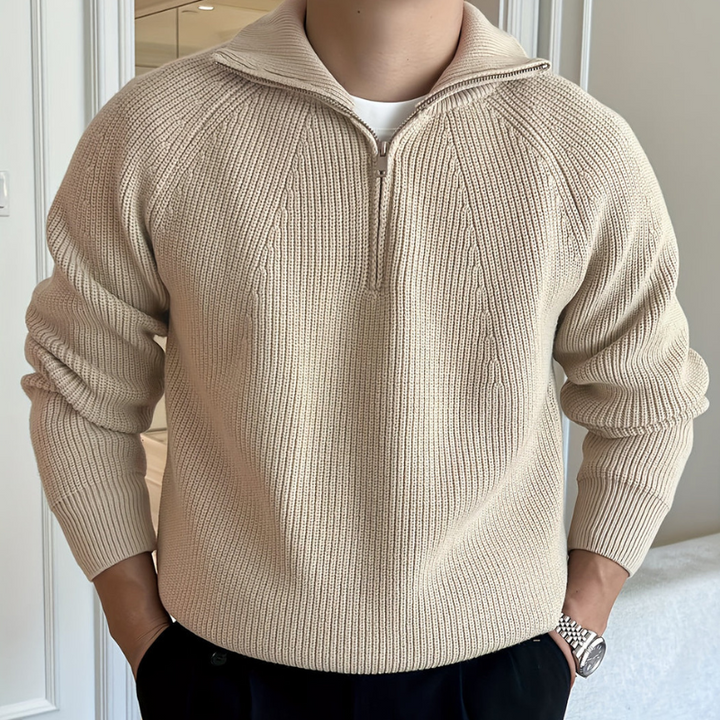 Men's Chunky Knit Half-Zip Sweater - Classic Design - Khaki